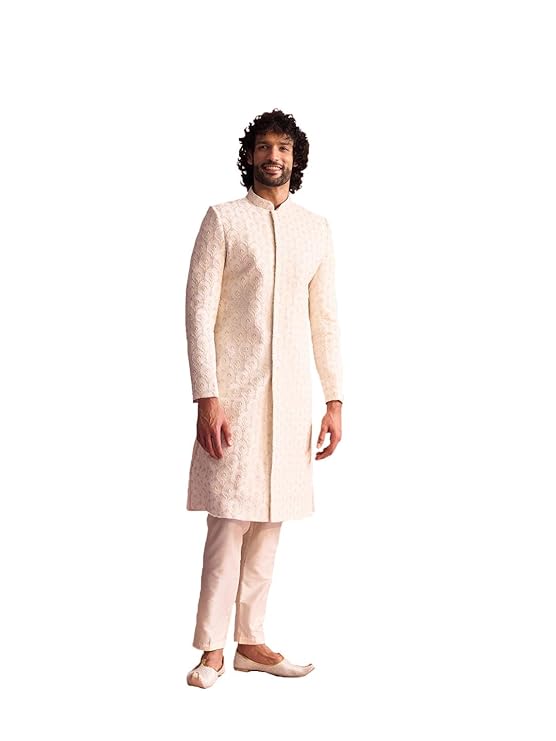 VASTRAMAY Men's Cream Georgette Sherwani Set For Formal Events